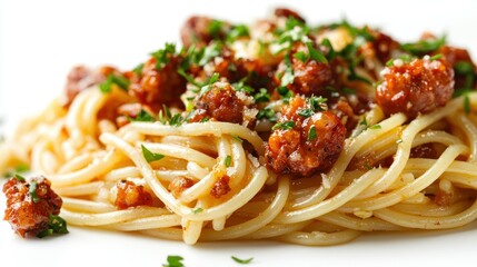 Delicious spaghetti with sausage, parsley garnish, white background, food photography, menu use
