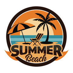Retro Summer Beach Logo with Palm Tree and Umbrella