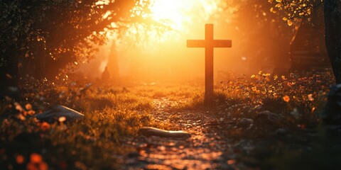 Sunset illuminates a solitary cross in a tranquil outdoor setting surrounded by nature