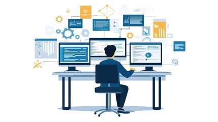 System integration specialist analyzes data streams office environment digital workspace technical overview