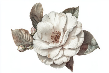 Elegant white rose with detailed petals surrounded by earthy-toned leaves, showcasing its delicate beauty and intricate features.