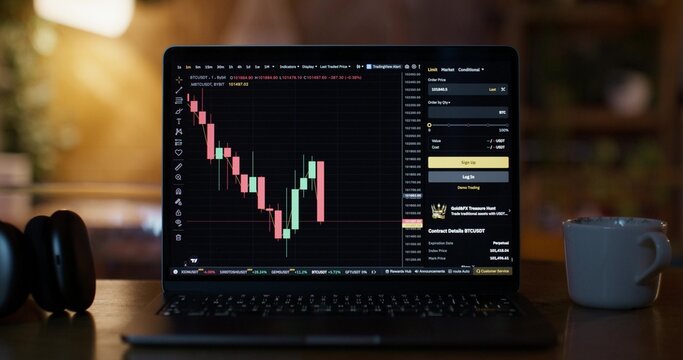 Bitcoin price chart on a laptop screen, close-up. The laptop is on the table at home