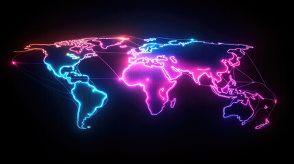 Naklejka premium Glowing network of interconnected points forming a world map, with radiant light trails symbolizing global connections on a sleek neon digital background