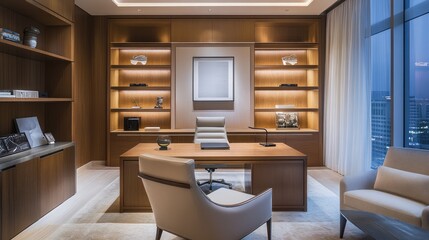 Fototapeta premium A modern home office with sleek furniture, polished wood, and warm lighting creates a professional workspace
