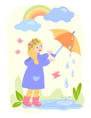 A cute little girl with a flower wreath in her hair and an umbrella happily welcomes spring. The rain has stopped, the rainbow has peeked out, the first butterflies are flying, the grass is growing.