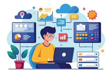 Fototapeta premium A person is working on a laptop, utilizing analytical tools to manage big data effectively, manage big data online