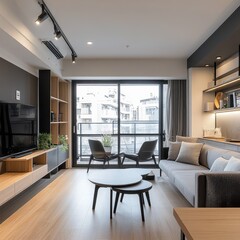 Fototapeta premium A modern interior living room with a wooden aesthetic