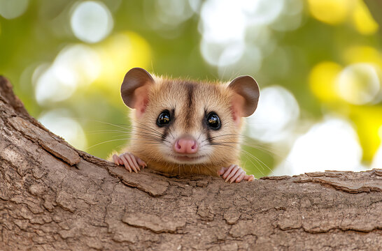 Cute Mouse Opossum Portrait. A small creature with big eyes rests on a tree branch, surrounded by a soft green background. Nature's adorable moments.