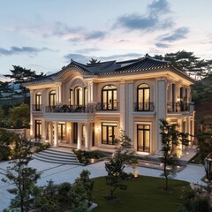 Obraz premium A Large Luxurious Home with a Stunning Design at Dusk