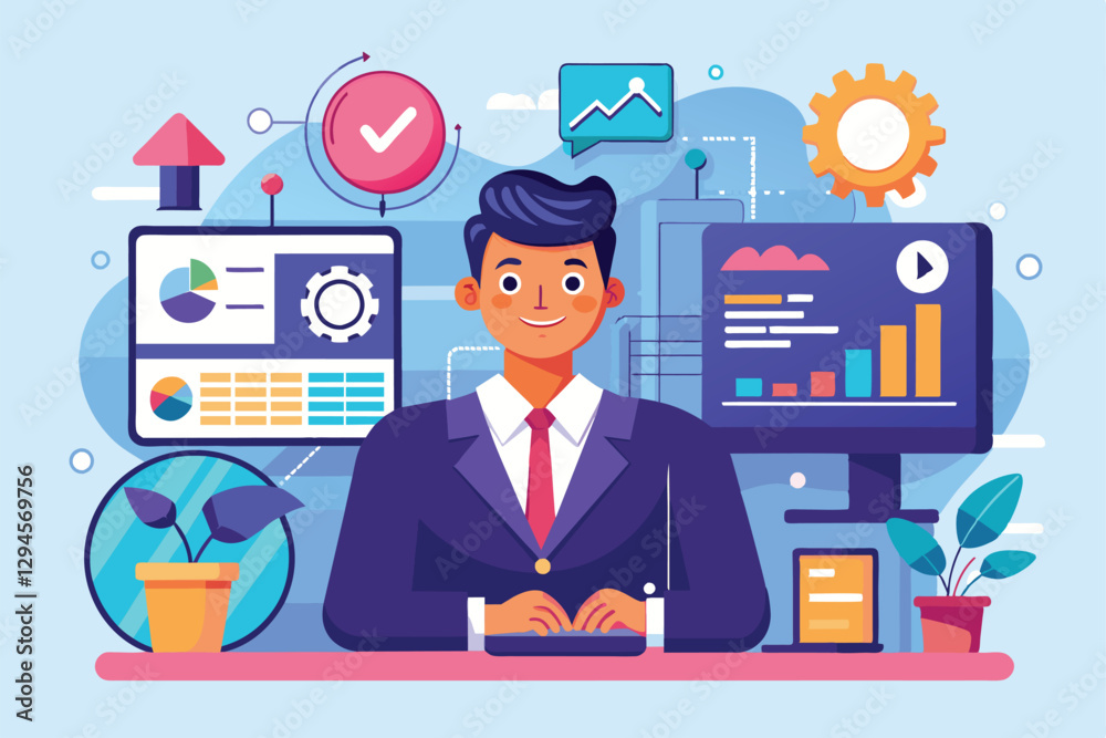 Poster a manager analyzes business development metrics on dual monitors with visual performance indicators,