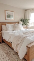 This inviting bedroom showcases a low wooden bed adorned with soft white linens. A simple bedside table holds a small plant, creating a calming and minimalist ambiance