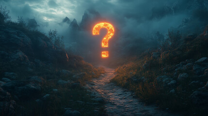 Mysterious Winding Mountain Path with Glowing Question Mark for Exploration and Uncertainty Concepts