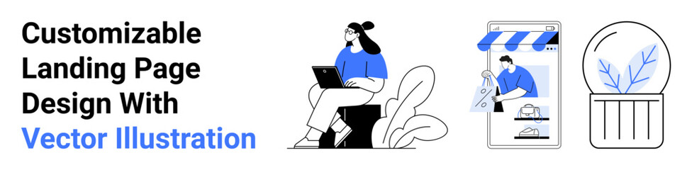 Woman working on a laptop, storefront design on mobile, and decorative potted plant. Ideal for e-commerce, creativity, remote work, business, innovation, nature modern flat landing page banner