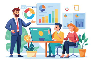 A manager elaborates on statistical charts to engaged employees in a contemporary workspace setting, Manager explains statistics to employees, charts companies business analysis and marketing