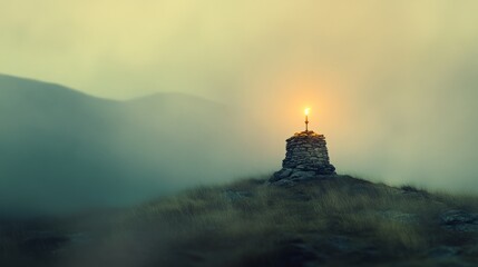 Fototapeta premium A distant stone cairn with a warm, glowing light rises in the mist, creating a mystical atmosphere against the backdrop of rolling hills.