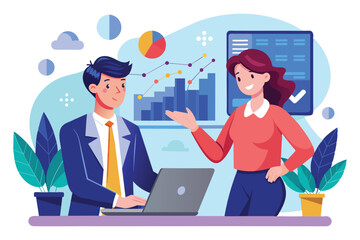 A man and woman engage in a conversation about stock market trends using a laptop in their office setting, man and woman are discussing stocks