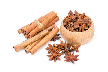 Star anise and cinnamon on white background, aromatic spices for cooking and baking