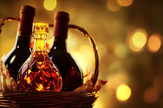 Wine bottles in a basket; gift, celebration; bokeh background; still life