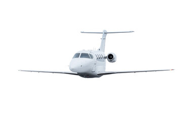 White modern business aircraft flying isolated