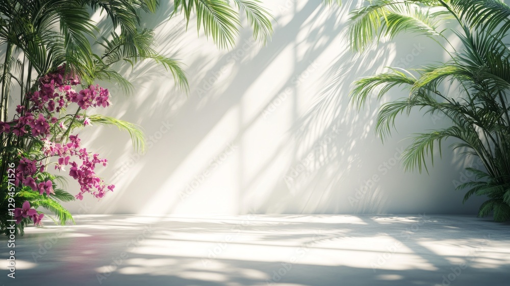 Poster bright sunlight filters through green leaves, creating a tranquil atmosphere. lush orchids bloom in 