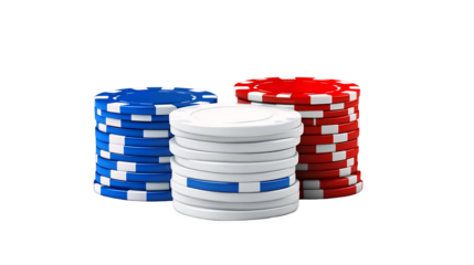 A stack of poker chips in red, blue, and white, neatly arranged isolated on a transparent background