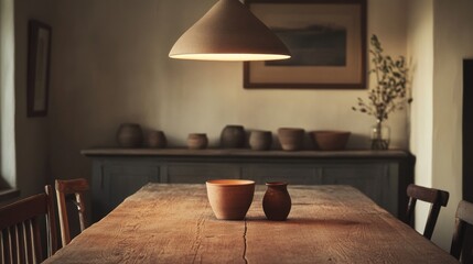 A rustic dining room with a wooden table, two vases, and a hanging lamp.