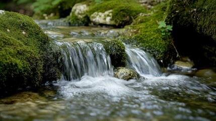 Fototapeta premium A gentle stream flows over moss-covered rocks, creating a serene and refreshing scene nestled within lush woodland.