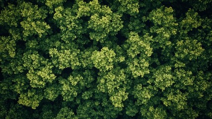 Aerial view of lush treetops forming a dense, vibrant green canopy, offering a fresh, natural perspective.