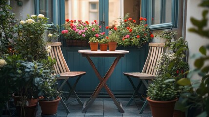 Naklejka premium This charming balcony features small bistro furniture surrounded by lush potted flowers, offering a tranquil spot for relaxation and enjoying fresh air in a peaceful setting