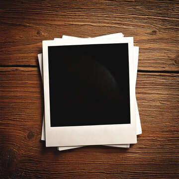 Vintage polaroid photo wooden table, photo frame