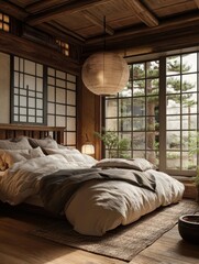 Warm lighting shows a cozy bedroom with an open view