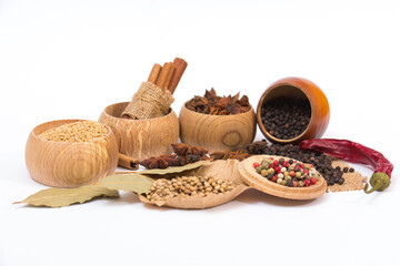 Different kinds of spices on white background. Cinnamon, black pepper, anise, bay leaf, mustard, coriander