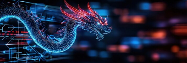 Obraz premium Holographic energy dragon coiling around an AI supercomputer, fusion of mythology and advanced technology, cyberpunk fantasy aesthetic