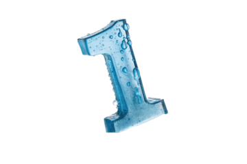 Close-up of a blue, water-droplet-covered number one. blue number one