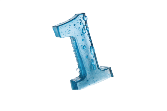 Close-up of a blue, water-droplet-covered number one. blue number one