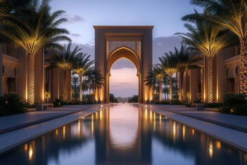 Fototapeta premium luxurious resort entrance middle eastern architecture with tranquil water feature and cinematic lighting at dusk