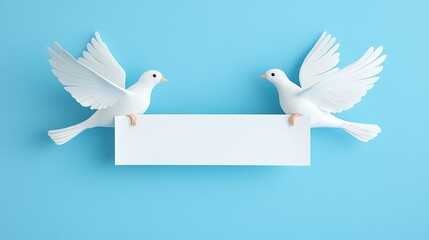 Obraz premium Two white doves holding a blank banner on a blue background represent peace and hope