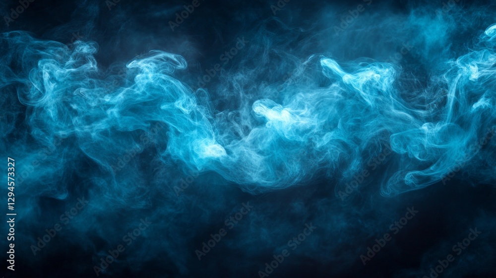 Poster a captivating display of blue smoke gently swirling in a dark environment, creating ethereal pattern