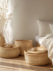 Fototapeta premium A neutral toned interior with three woven baskets