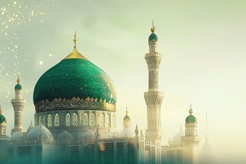 Obraz premium islamic architecture grand mosque with emerald green dome and golden calligraphy in a peaceful ambiance