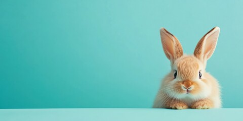 Obraz premium Cute fluffy bunny sitting against a light blue background with curious expression