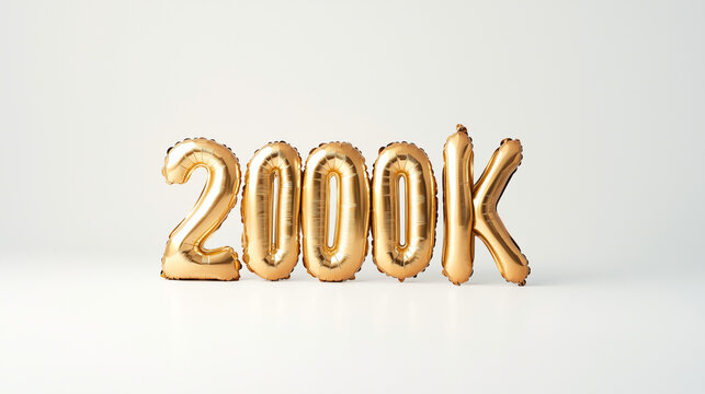 A vibrant display of golden balloons forming the number 2000K against a clean, white background, symbolizing celebration and achievement in a festive atmosphere.