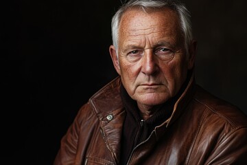 Obraz premium A close-up portrait of a pensive, elderly man in a brown leather jacket.
