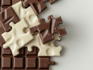Puzzle pieces of milk and white chocolate combining on white background