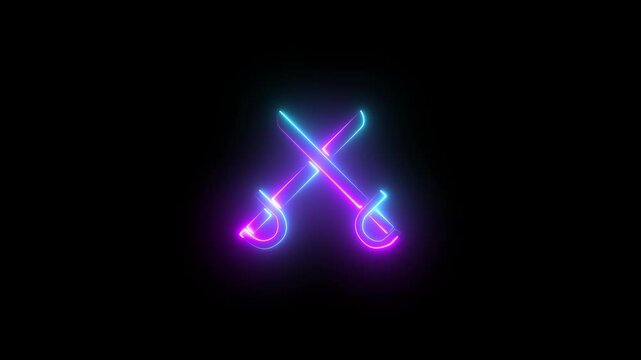 neon  line crossed swords icon isolated on black  background. Swords sign. Set icons in color square buttons. 