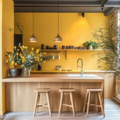Modern kitchen with yellow walls and wooden stools