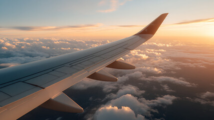 Airplane wing above the clouds at sunset