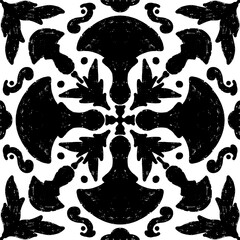Intricate black pattern with symmetrical ornamental pattern in linocut style. Grunge texture tile shape. vector element
