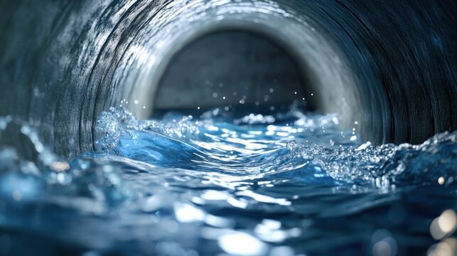 Flowing water inside a dark pipe, creating small waves and splashes.