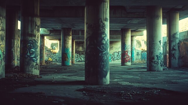 Graffiti-covered concrete pillars in an abandoned space create an urban landscape of gritty art and forgotten stories amidst the shadows.